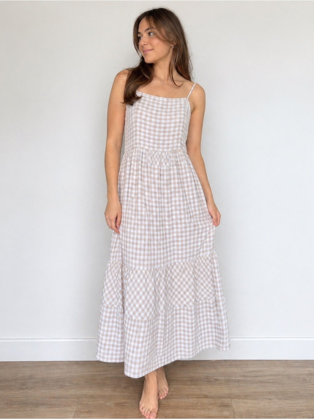 Japna Beige Gingham Maxi Dress Cottagecore Summer Dress Size S
